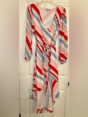 Striped Wrap Midi Dress in Red, Pink & Blue